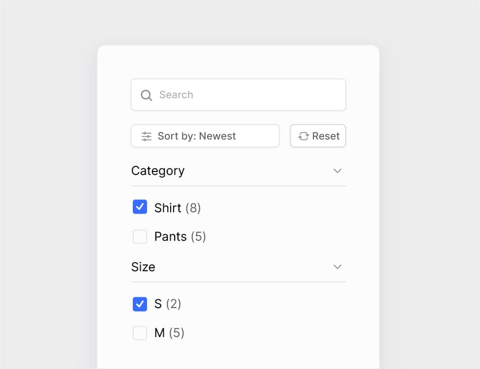 Search and filter interface